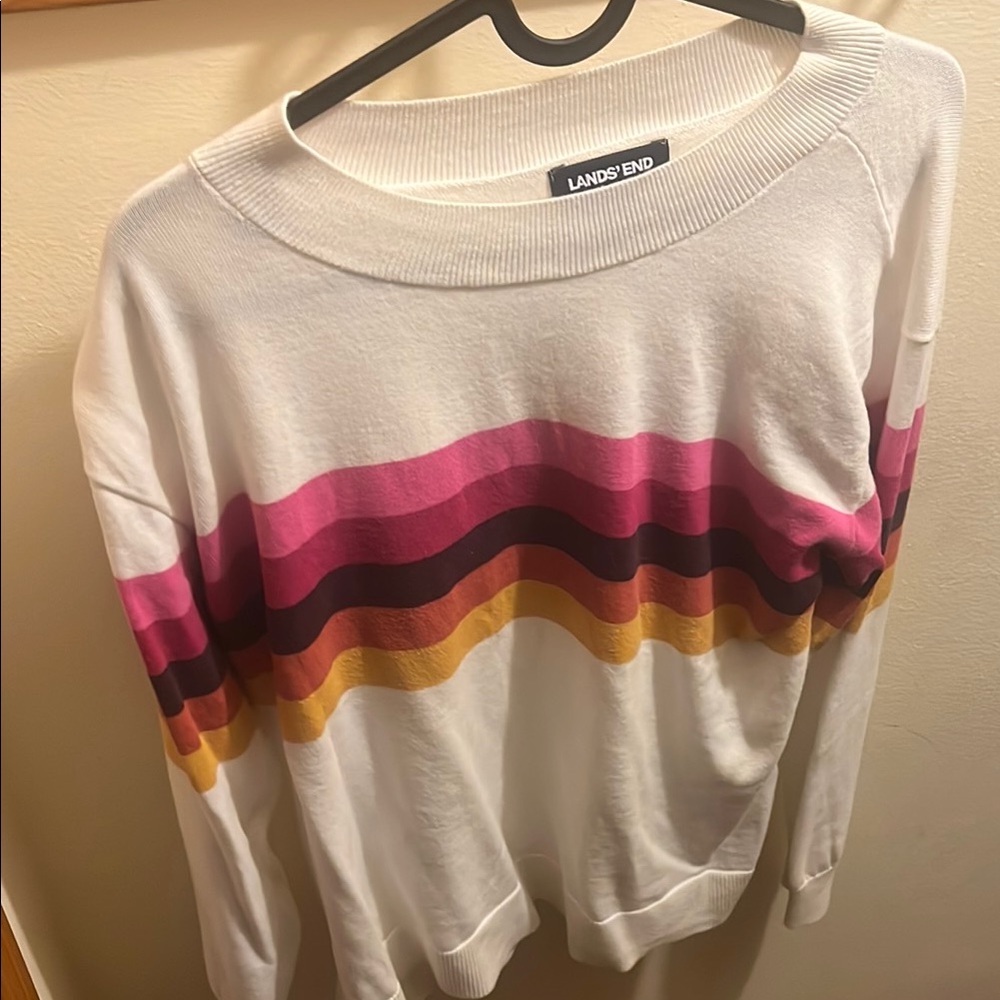 Lands' End Women's White Sweater with Pink and Orange Stripes